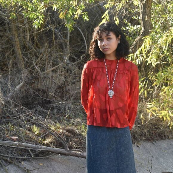 Le Fou Wilfred Sheer Ruffle Neck Geometric Red Long Sleeve Blouse- XXS - Picture 2 of 8